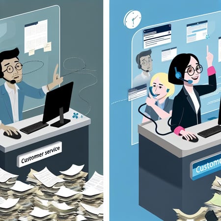 An image that illustrates customer service done manually vs customer service after digital transformation