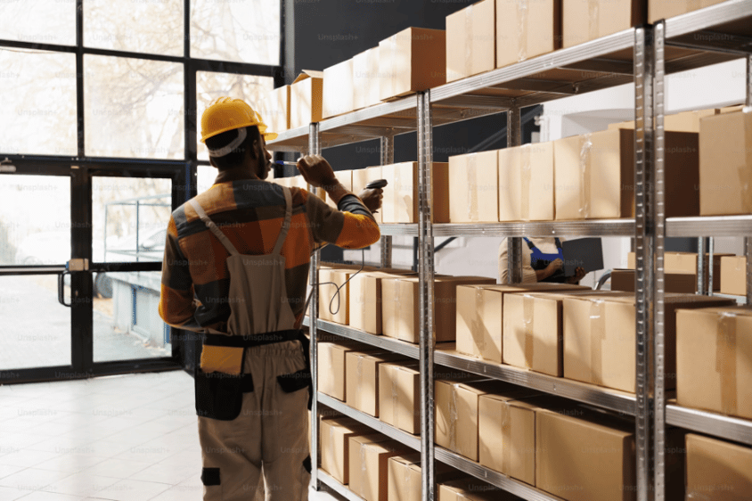 A warehouse worker wearing a hard hat is scanning a barcode on a box. There are many boxes on shelves in the background.