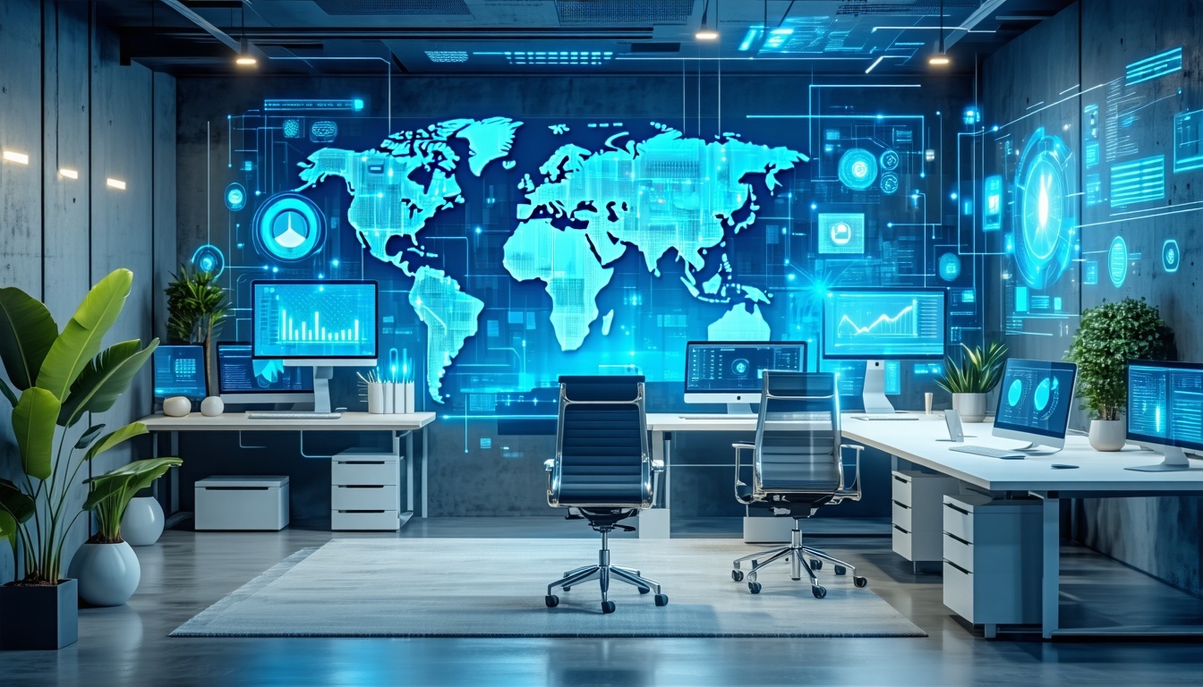 A futuristic office space with digital documents a
