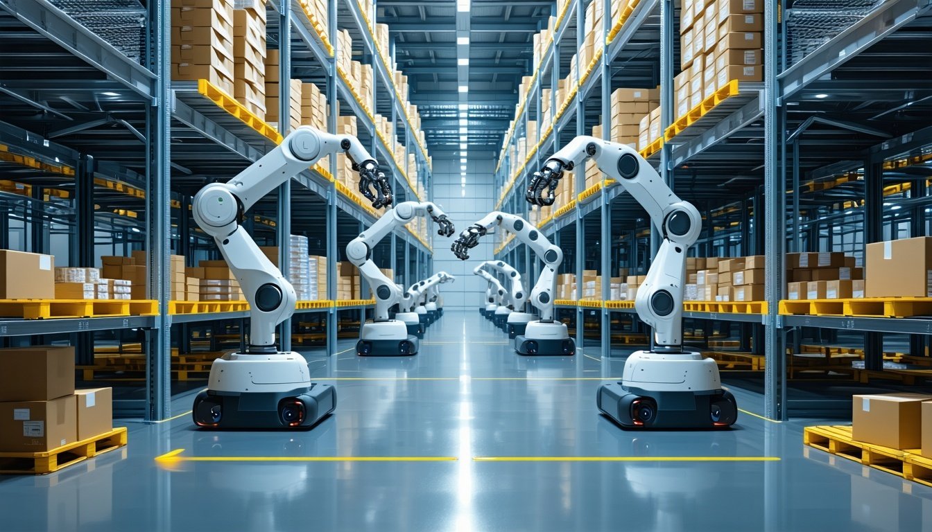 A futuristic warehouse with robotic arms and AI sy