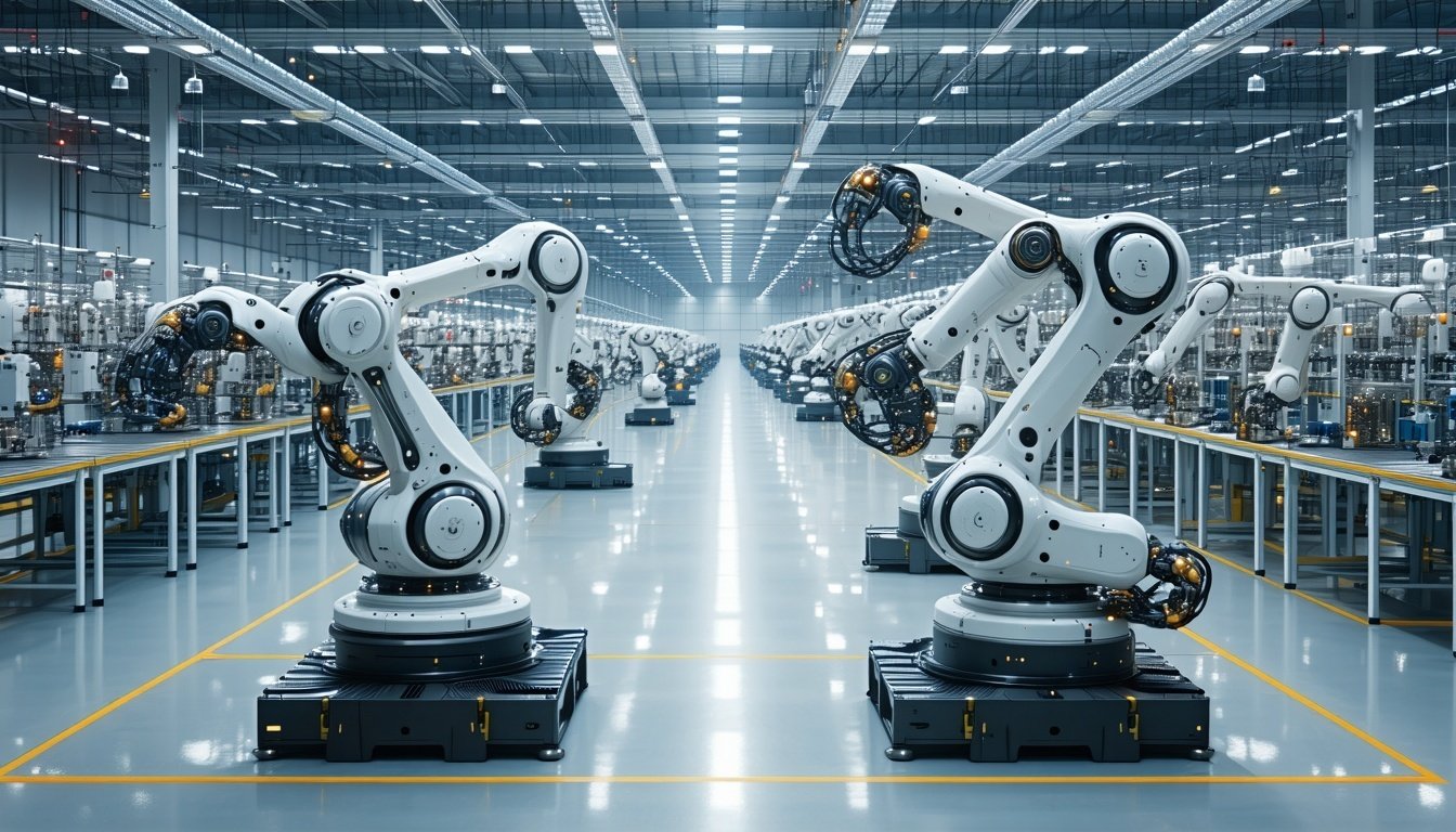 A modern manufacturing floor with robotic arms and