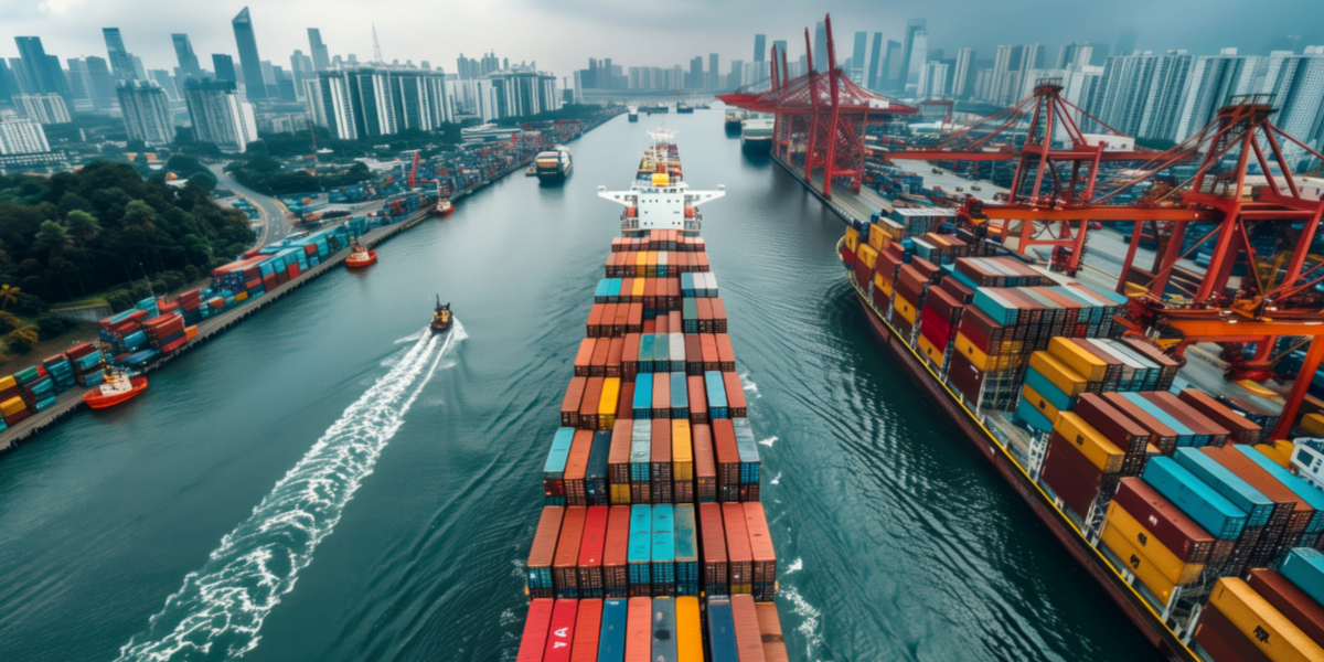 Aerial top view of containers on cargo ship