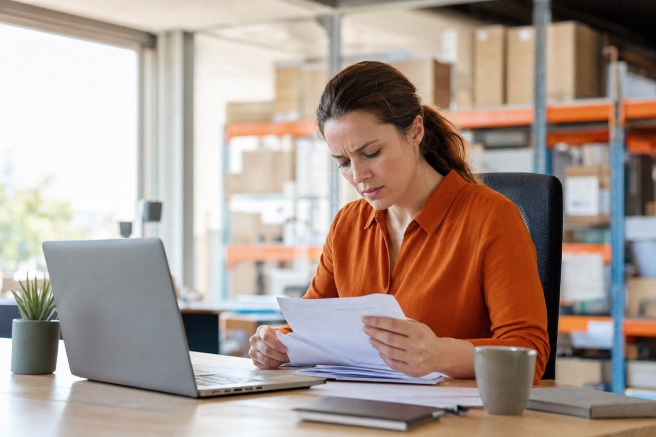 An order-desk worker reviewing a stack of printed purchase orders at a workstation in a bright distribution office.