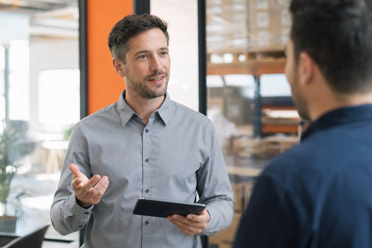 An operations manager holding a tablet in a bright distribution-company office, mid-conversation with a colleague.