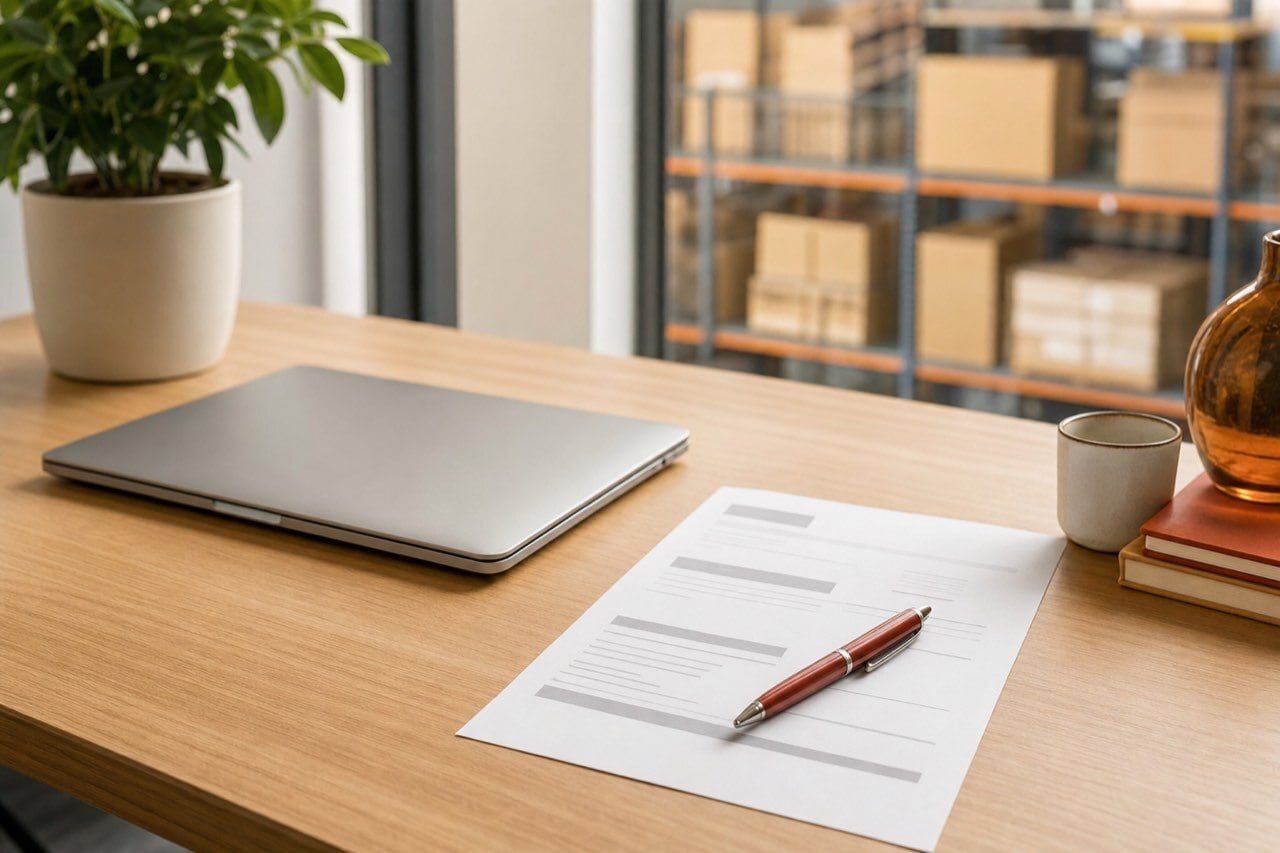 A printed order form with a red pen on a tidy desk beside a closed laptop in a bright distribution office.