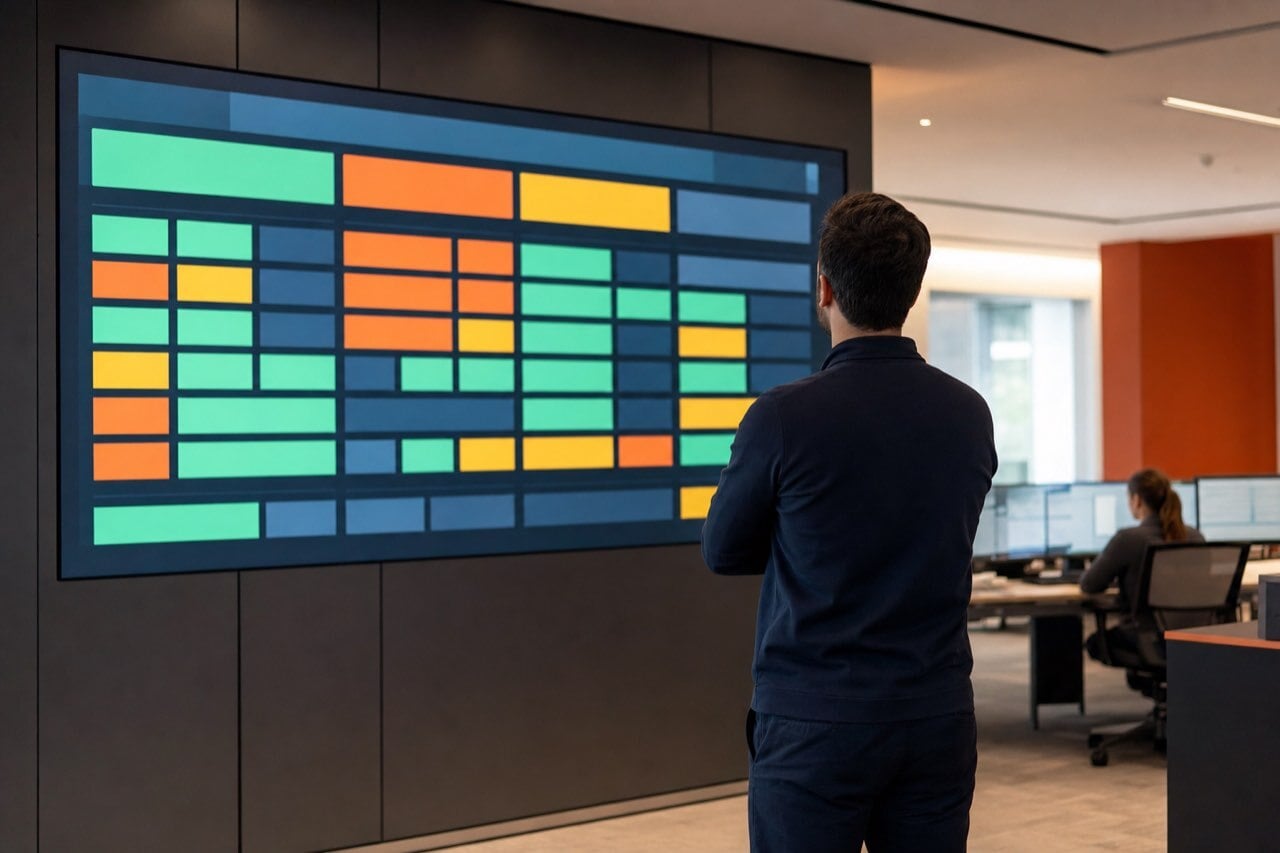 A logistics professional viewing a large digital operations display showing abstract status blocks in a modern control room.