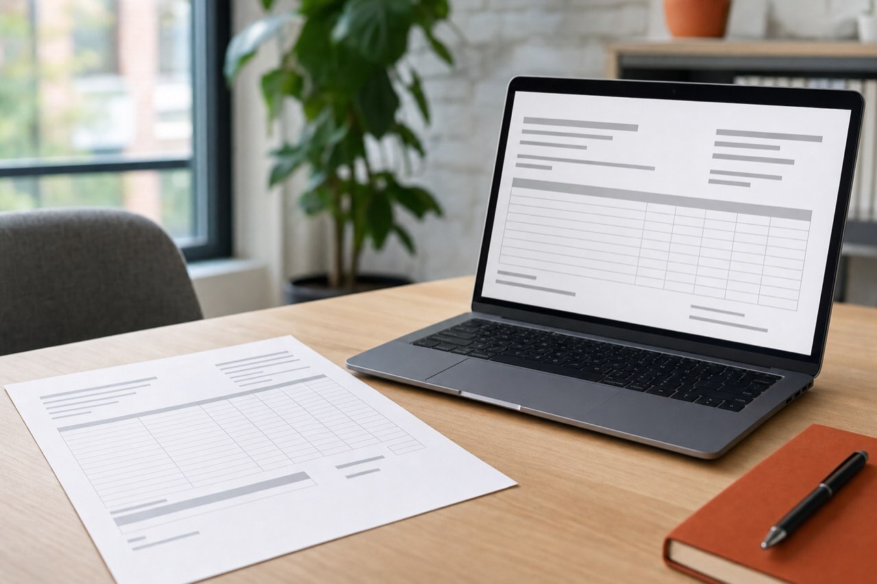 A printed order beside a laptop showing the same order digitized, on a desk in a bright office.