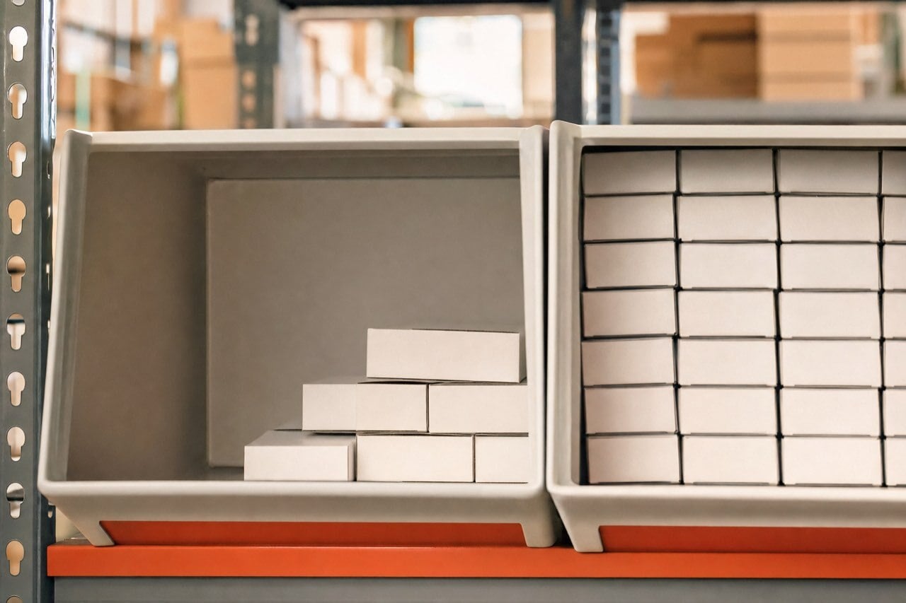 A partially filled warehouse shelf bin beside a fully stocked bin, conveying fill rate.
