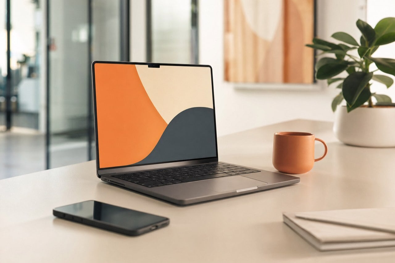 A modern laptop and smartphone on a clean minimalist desk in a bright office.