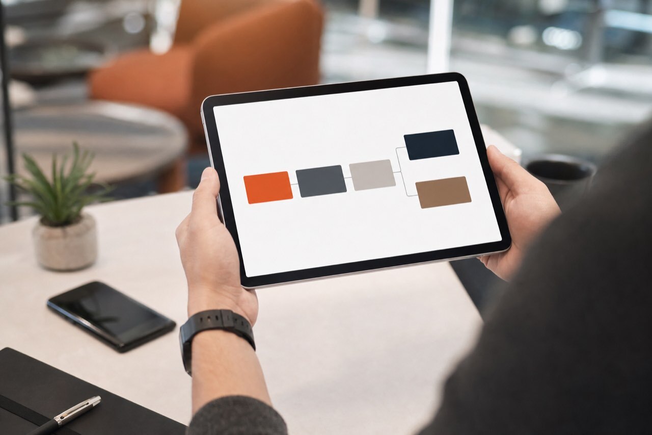 Hands holding a tablet showing a clean process flow of connected blocks in a modern workspace.