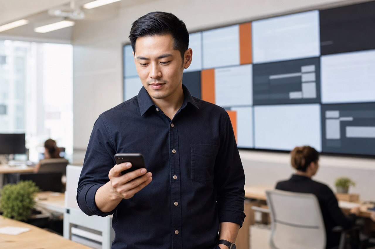 A logistics professional checking a smartphone in a modern distribution office with a digital status wall behind.