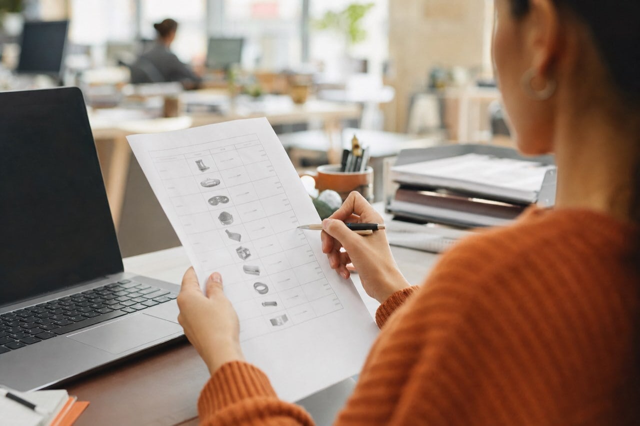 Close-up of a customer service rep checking a printed order against a laptop at a desk in a distribution office.