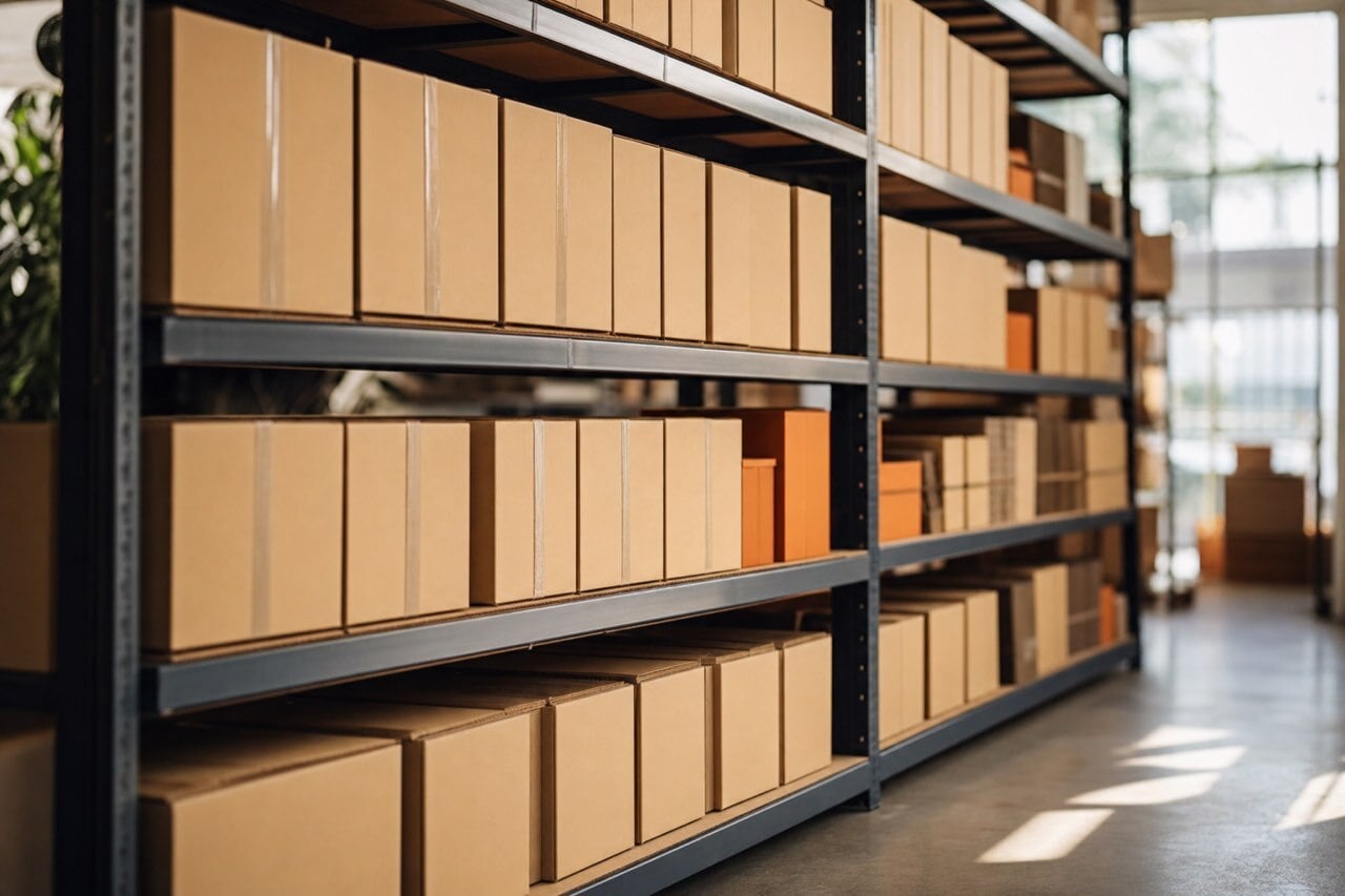 A neatly organized warehouse shelf of uniformly arranged boxed products.