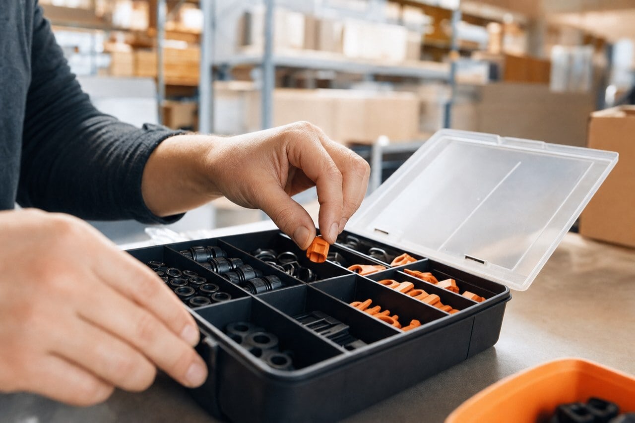 Hands placing the last item into a neatly organized parts bin on a packing bench in a bright warehouse.