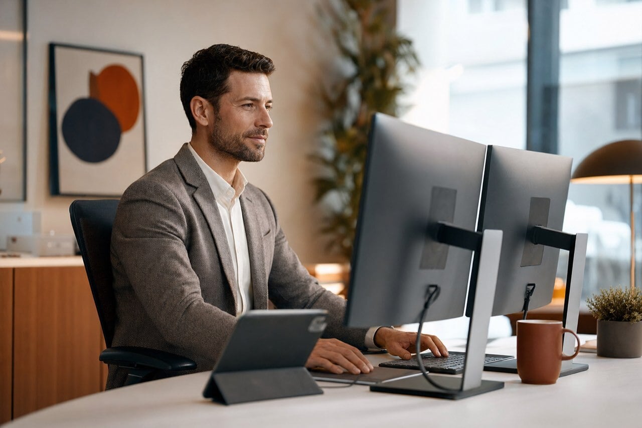 A salesperson at a sleek dual-monitor workstation in a bright modern office.