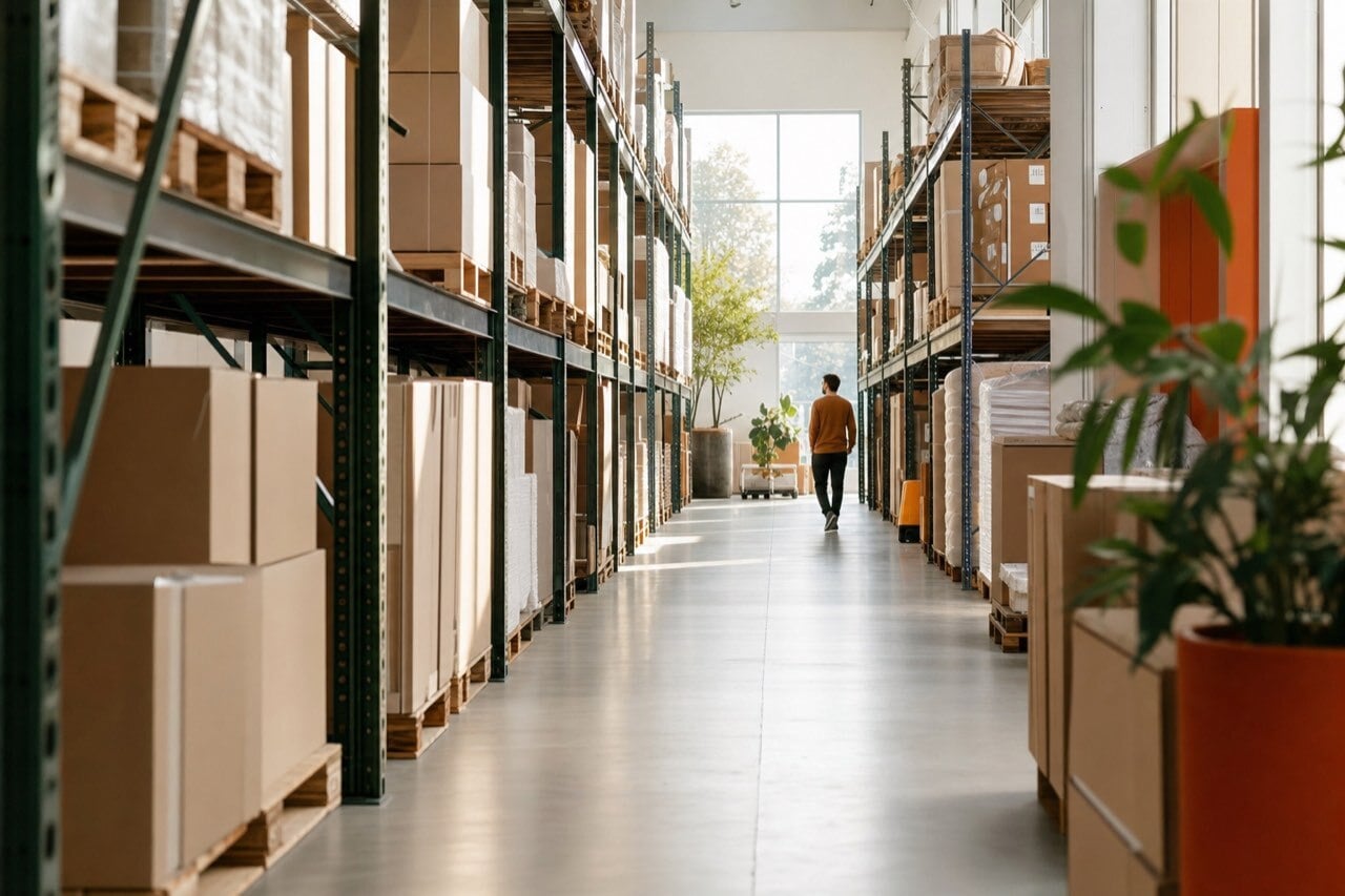 A wide, organized warehouse aisle with neatly stacked pallets and racking in calm daylight.