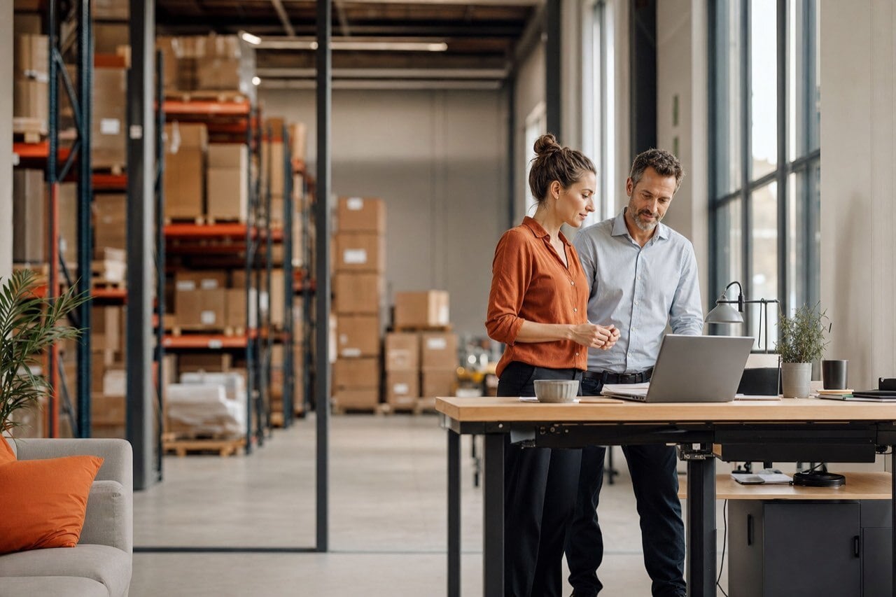 Two colleagues reviewing operations at a standing desk in a bright distribution warehouse office.