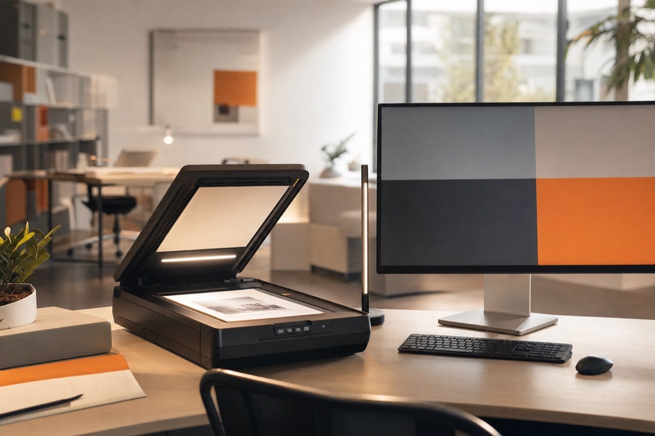 A document on a modern flatbed scanner beside a monitor in a bright office, suggesting digital capture.